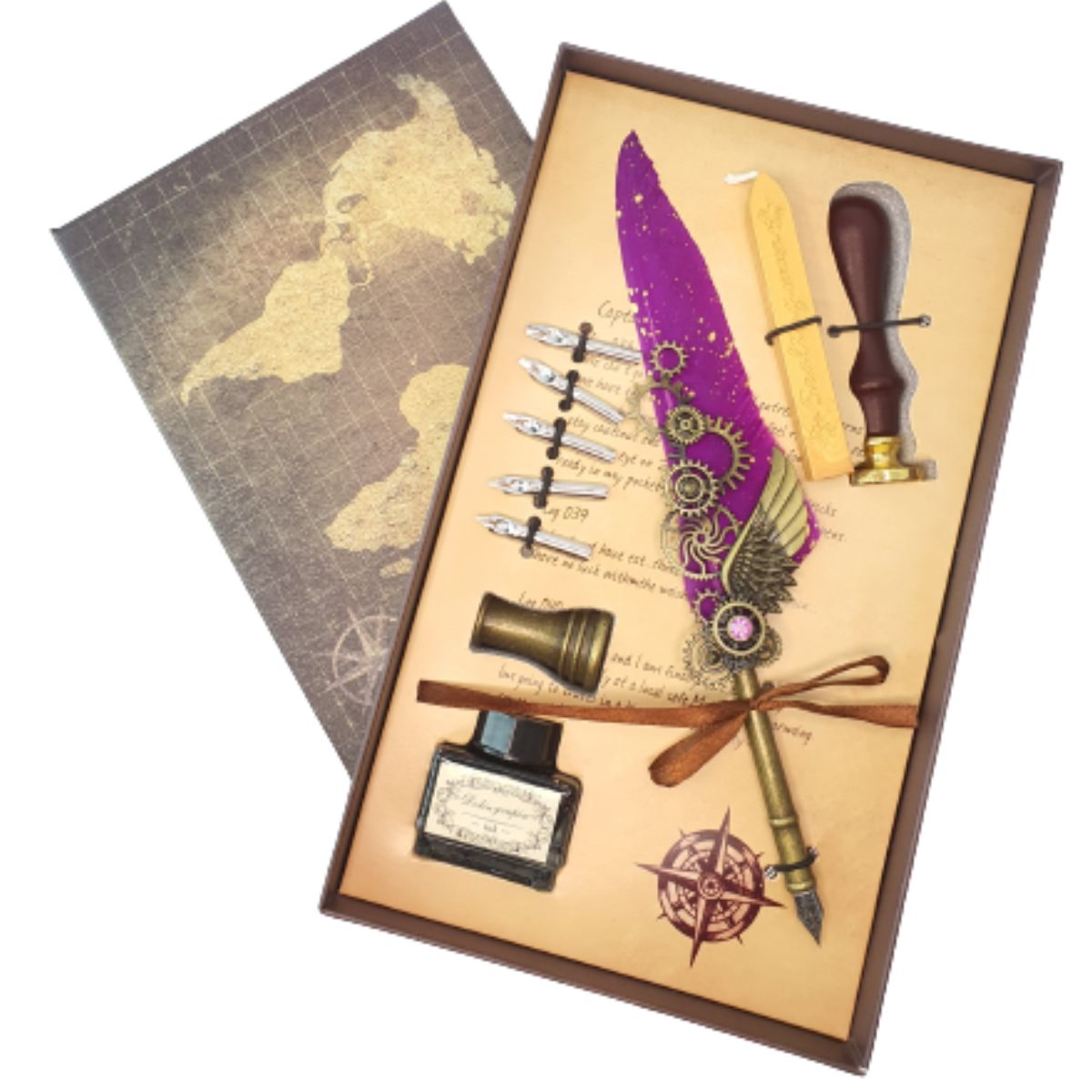 Kit Caneta Tinteiro Pena Engrenagem Roxo Com Carimbo Kit Caneta Tinteiro Pena Engrenagem Roxo Com Carimbo